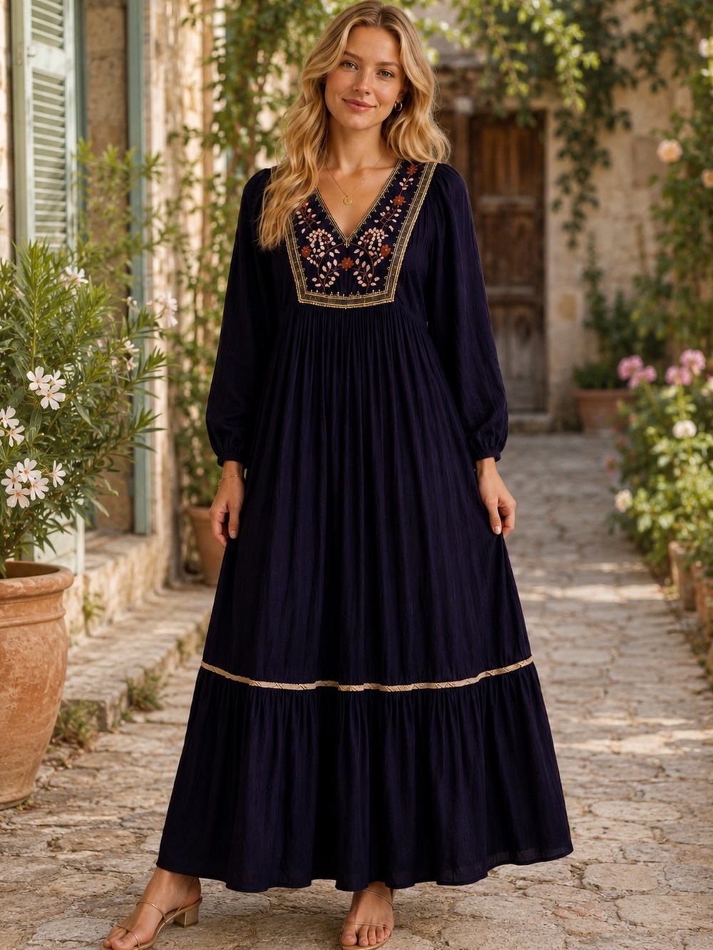 EX VOTO Hazel Maxi Dress Embroidered V-Neck Maxi Dress in Deep Plum.